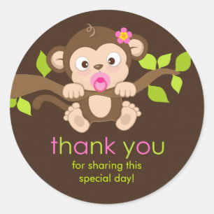 Sticker Rond Baguette mignonne petite fille Merci singe