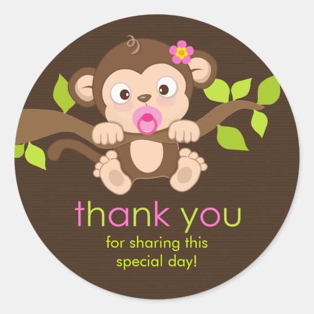 Sticker Rond Baguette mignonne petite fille Merci singe (Devant)