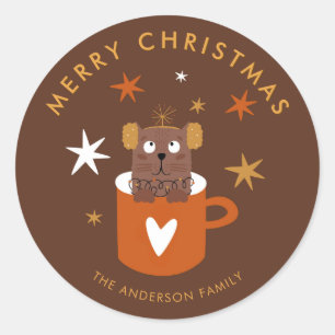 Sticker Rond Baguette personnalisée Chat de Noël & Mug de cacao