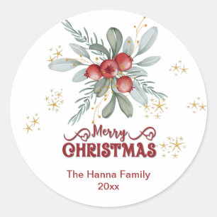 Sticker Rond Baie élégante et verdure, Joyeux Noël rouge