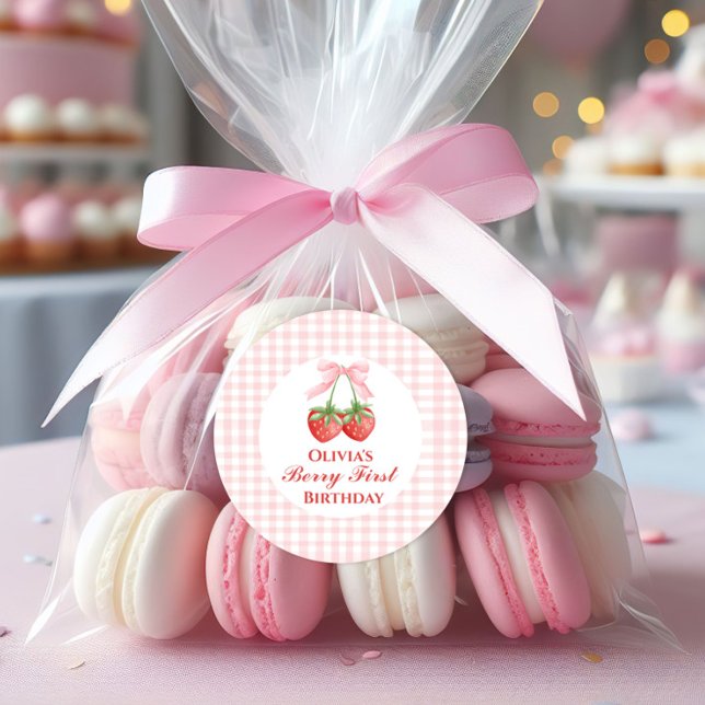 Sticker Rond Baie premier anniversaire fraise Rose Ruban Gingha (Créateur téléchargé)