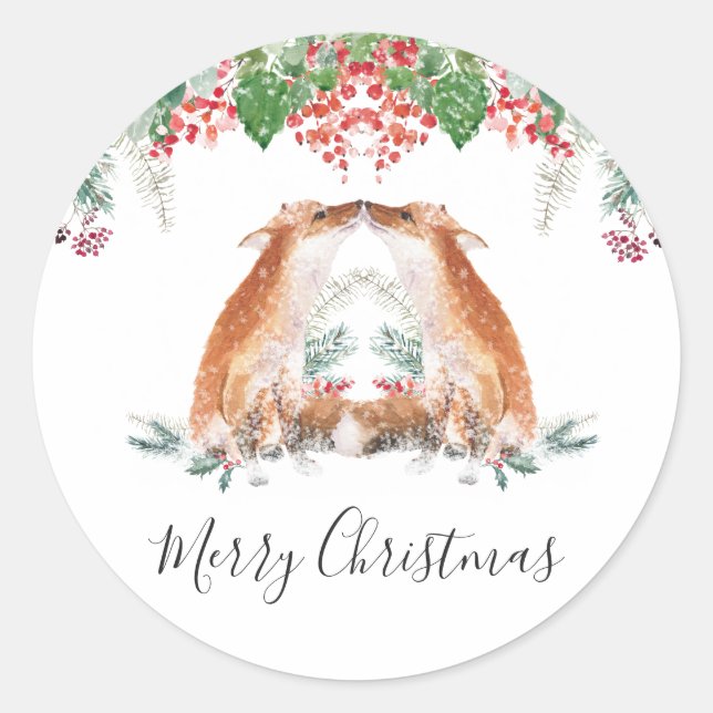 Sticker Rond Baies d'hiver Woodland Fox Joyeux Noël (Devant)