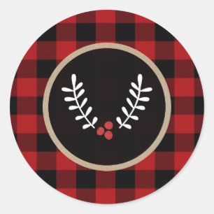 Sticker Rond Baies hivernales rustiques Faux Plaid Rouge de Noë