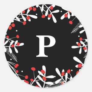 Sticker Rond Baies Rouges & Feuilles Blanches Rustique Noir Noë