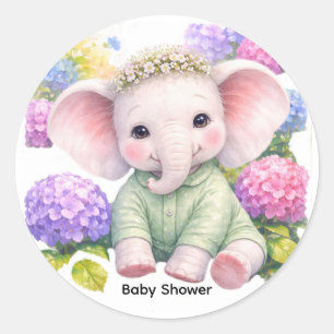 Sticker Rond Bain de bébé à l'éléphant avec des hortensias