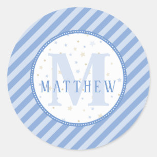 Sticker Rond Bain de bébé à monogramme bleu et blanc