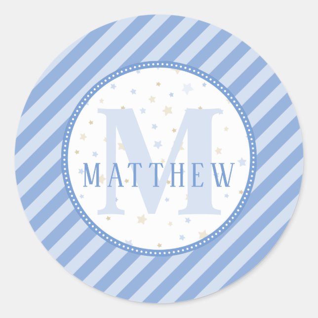 Sticker Rond Bain de bébé à monogramme bleu et blanc (Devant)
