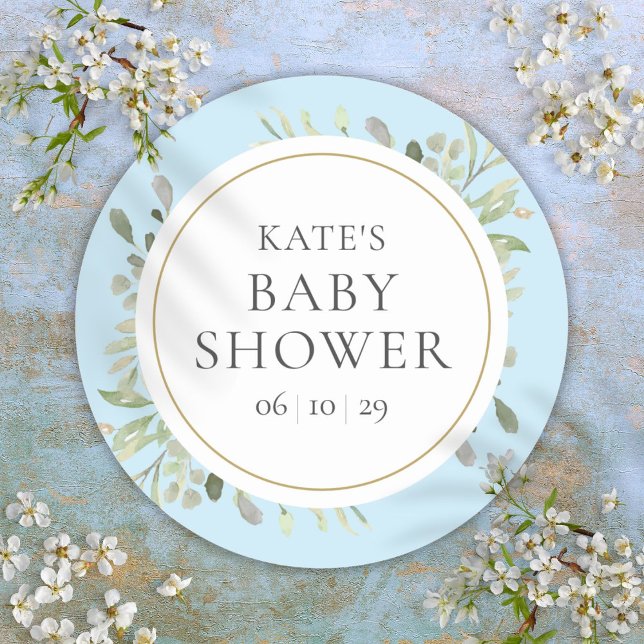 Sticker Rond Bain de bébé garçon bleu aquarelle feuillage vert (Blue Baby Boy Shower Watercolour Greenery Leaves Classic Round Sticker)