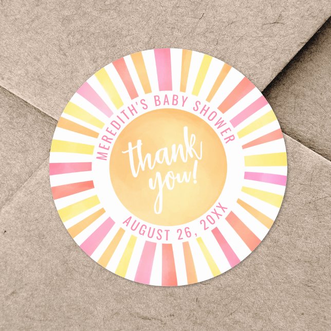 Sticker Rond Bain de soleil rose vif Baby Shower (Sunshine Bright Pink Sun Baby Shower Classic Round Sticker)