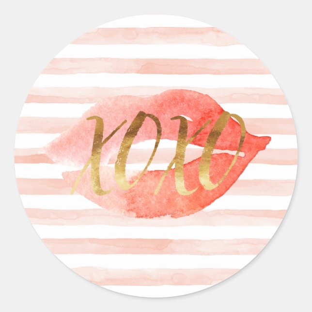 Sticker Rond Baiser d'aquarelle Blush Pink Gold XOXO (Devant)