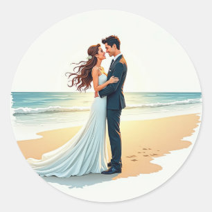 Sticker Rond Baiser Romantique sur la Plage