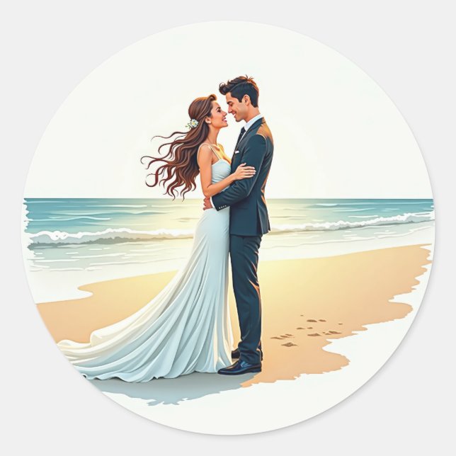 Sticker Rond Baiser Romantique sur la Plage (Devant)