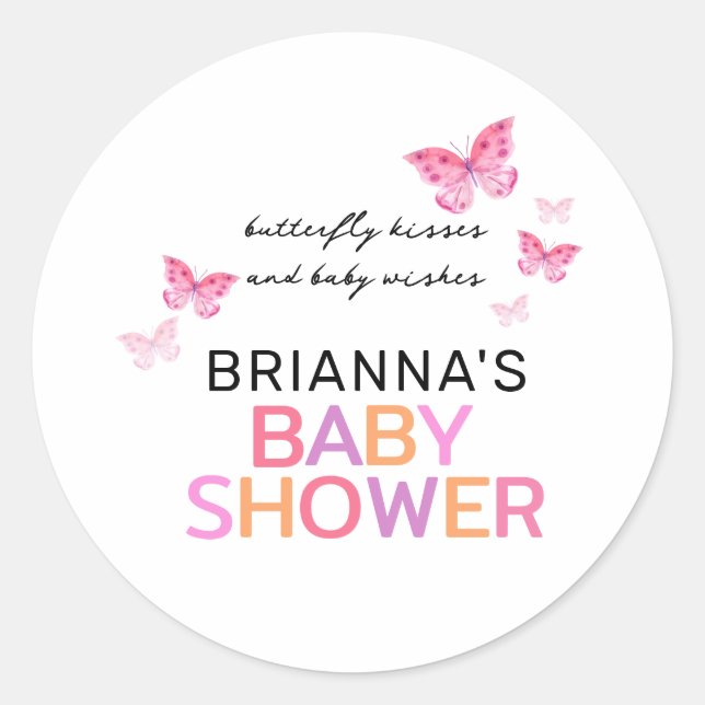 Sticker Rond Baisers à papillon Bébé Voeux Baby shower rose (Devant)