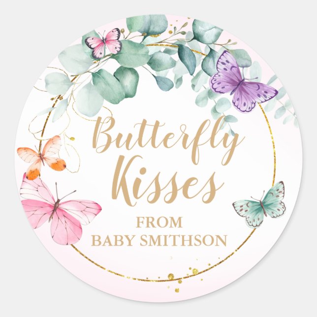 Sticker Rond Baisers à papillon Eucalyptus Baby shower rose Fav (Devant)