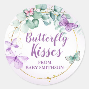 Sticker Rond Baisers à papillon Jardin Baby shower pourpre Favo