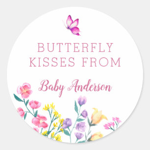 Sticker Rond Baisers à papillon rose Baby shower de printemps F