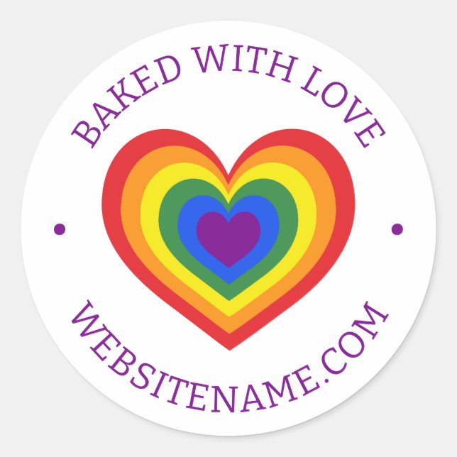 Sticker Rond Baked With Love Rainbow Heart Custom Website (Devant)