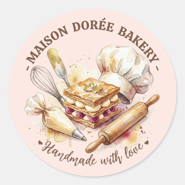 Sticker Rond Bakery Pastry Chef Watercolor Gold Baking Catering (Devant)