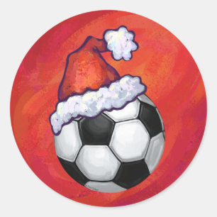 Sticker Rond Bal de football de Santa Hat en rouge