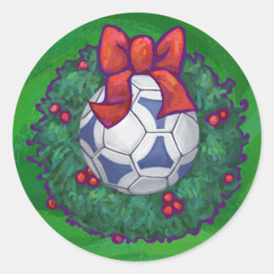 Sticker Rond Bal de soccer blanc et bleu sur vert