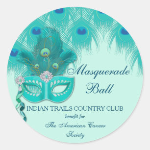 Sticker Rond Bal masqué de paon aux plumes turquoise