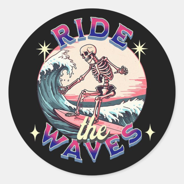 Sticker Rond Balade sur les vagues squelettes surf (Devant)