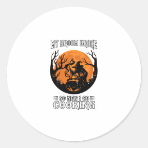 Sticker Rond Balai Cassé Cuisine Sorcière Chaudron Pleine Lune