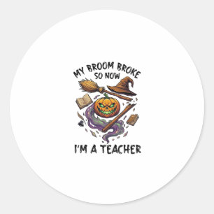 Sticker Rond Balai Cassé Professeur Halloween Citrouille Chapea