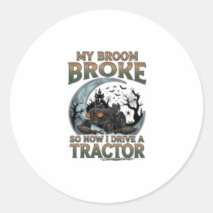 Sticker Rond Balai Tracteur Cassé Citrouille Maison Hantée Lune