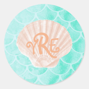 Sticker Rond Balances de sirènes d'eau   Monogramme de coquilla