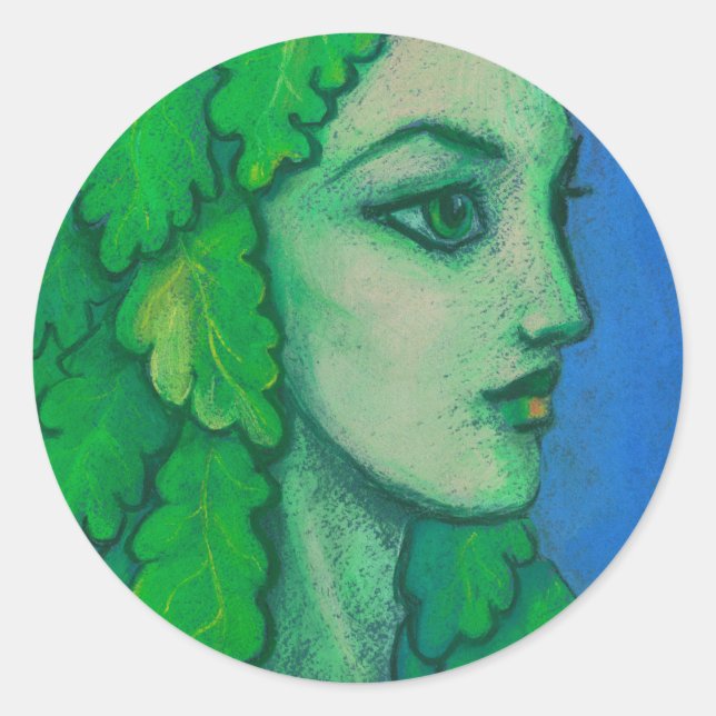 Sticker Rond Balanis, dryad, feuilles verts, déesse forestière, (Devant)