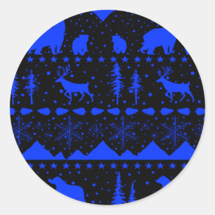 Sticker Rond Balayage nordique Animaux d'hiver Bleu royal et no