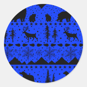 Sticker Rond Balayage nordique Animaux d'hiver Noir et Bleu