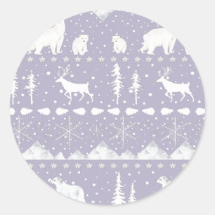 Sticker Rond Balayage Nordique Animaux D'Hiver Violet Et Blanc