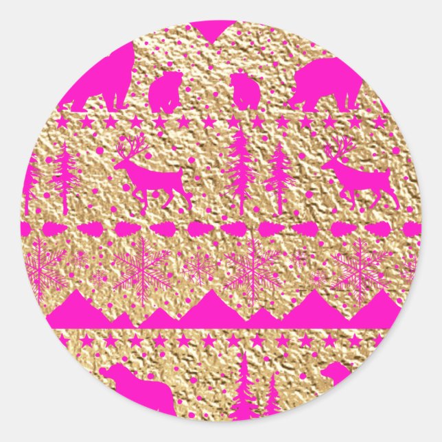Sticker Rond Balayage nordique rose Fuchsia Animaux d'hiver Or (Devant)