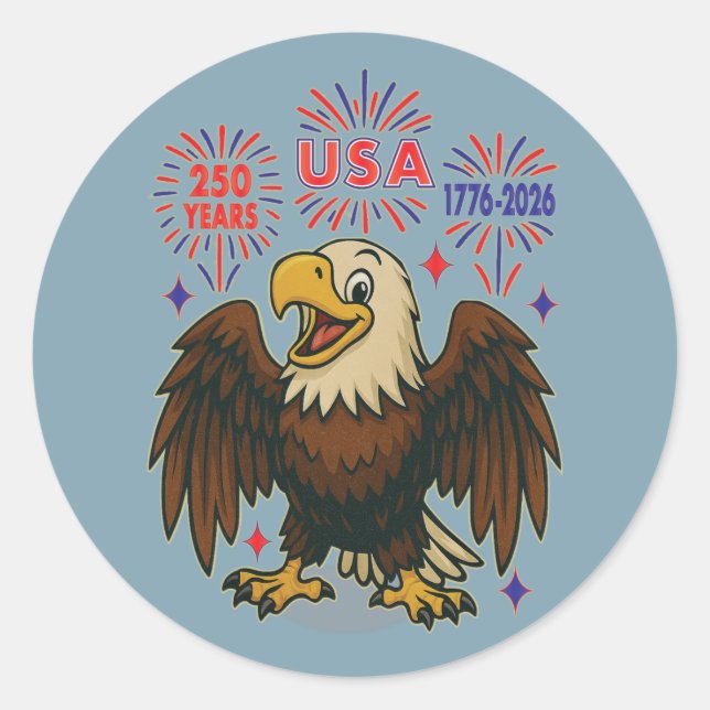 Sticker Rond Bald Eagle avec Fireworks - USA 250 ans 1776-2026 (Devant)