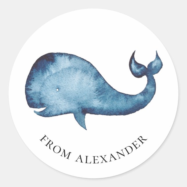 Sticker Rond Baleine bleu aquarelle. Anniversaire de enfant mer (Devant)