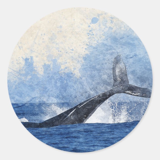 Sticker Rond Baleine bleue éclaboussant dans l'art océanique (Devant)