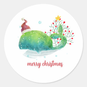 Sticker Rond Baleine mignonne avec sapin de Noël du chapeau de