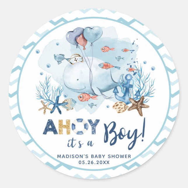 Sticker Rond Baleine Nautical Boy Baby shower Merci Favor (Devant)