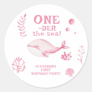 Sticker Rond Baleine Rose Oneder la mer 1er Anniversaire
