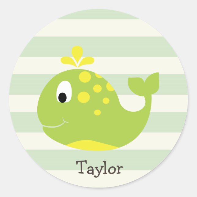 Sticker Rond Baleine verte et jaune sur Pastel Green Stripes (Devant)