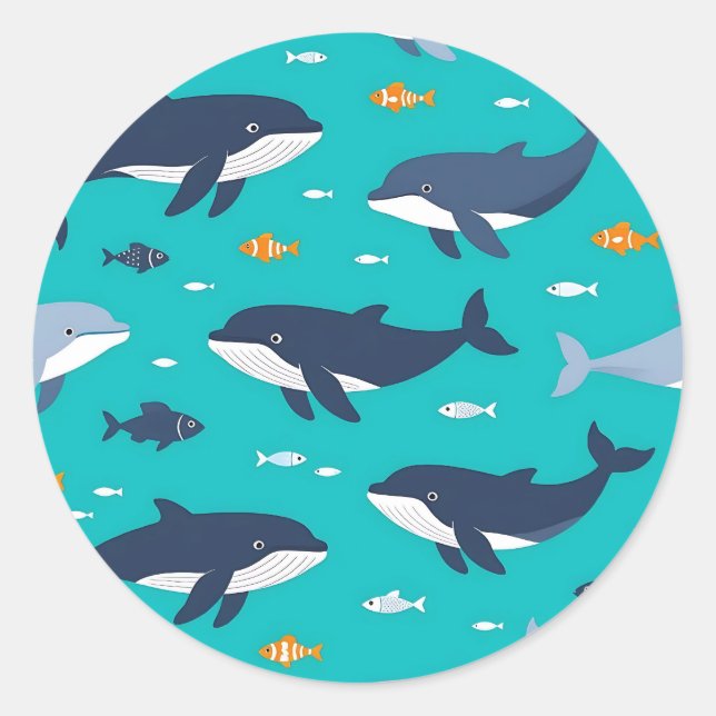 Sticker Rond Baleines dauphins motif océanique (Devant)