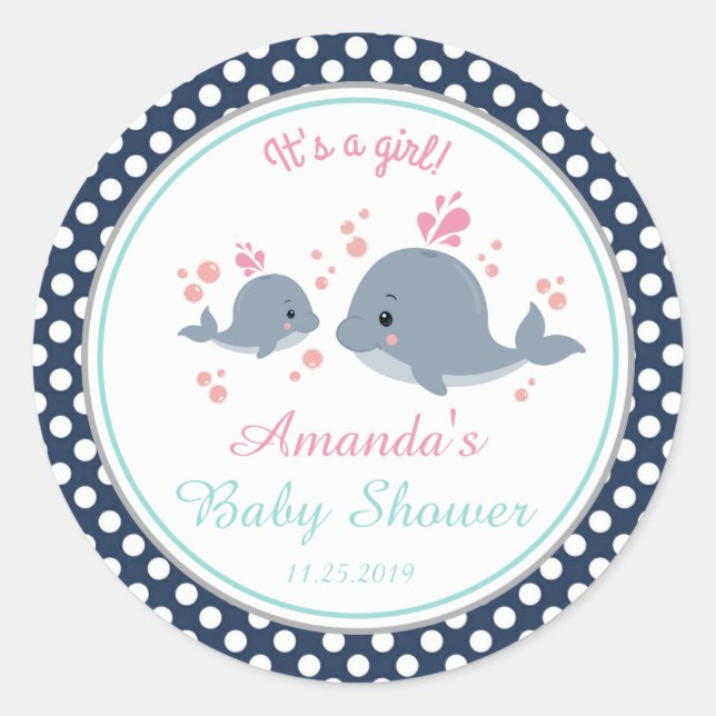 Sticker Rond Baleines Fille Baby shower Merci Favoriser (Devant)