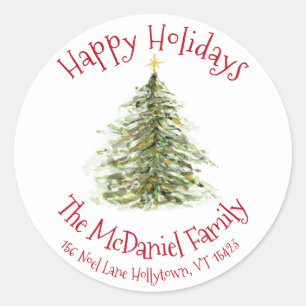 Sticker Rond Balise cadeau Arbre de Noël Aquarelle