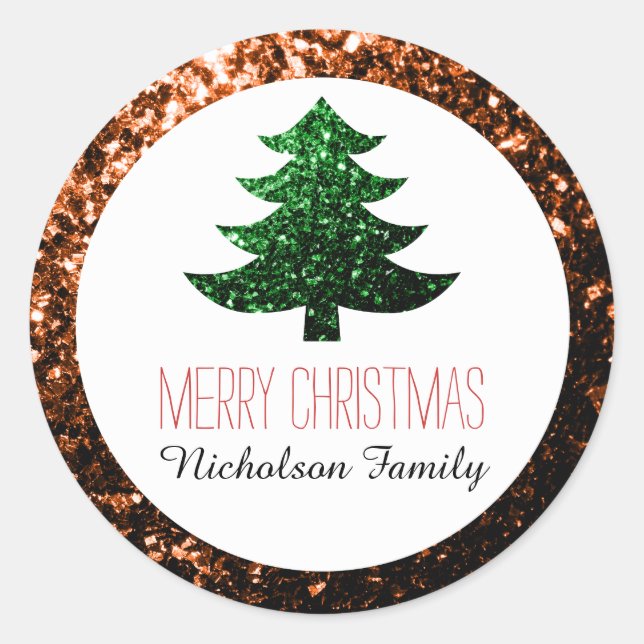 Sticker Rond Balise cadeau Bronze + Green Christmas tree scinti (Devant)