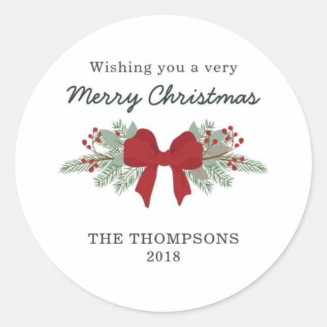 Sticker Rond Balise cadeau de Noël Pine et ruban rouge (Devant)