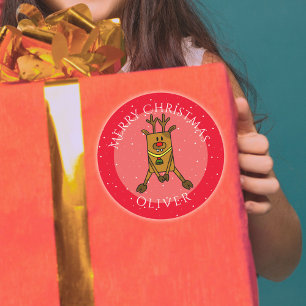 Sticker Rond Balise Cadeau de Noël Rouge Cerf mou