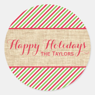 Sticker Rond Balise cadeau de Noël rustique Rouge Green Stripes