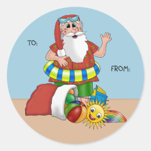 Sticker Rond Balise cadeau de Noël Santa Claus Beach